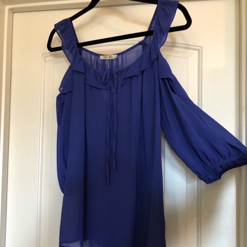 Blue Velvet Blue Cold Shoulder Ruffle Blouse